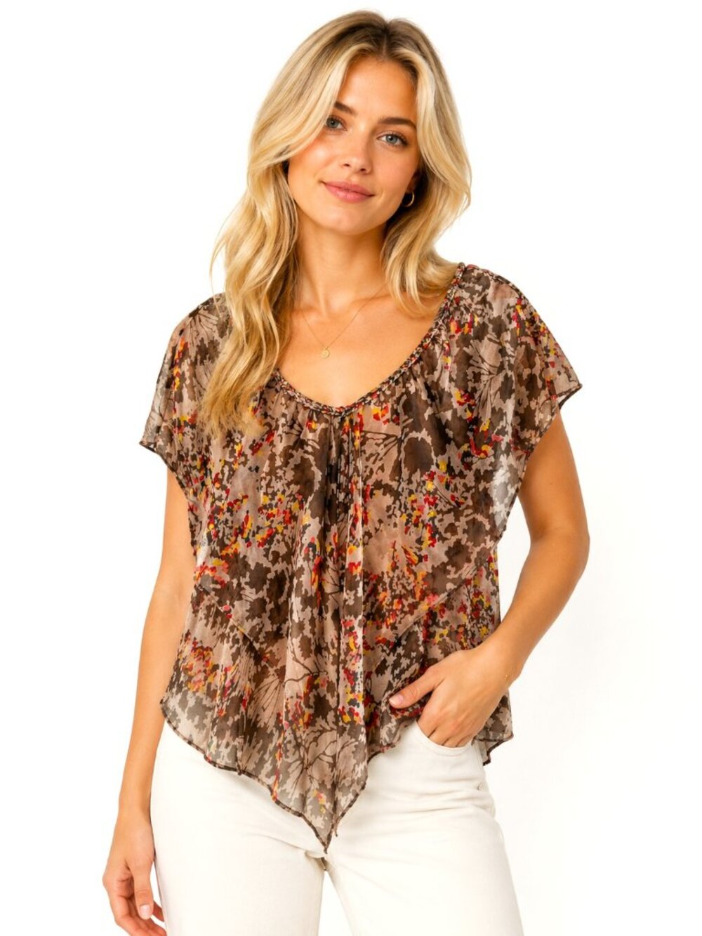 Postella Tan Floral Silk Braided V-Neck Flutter Top